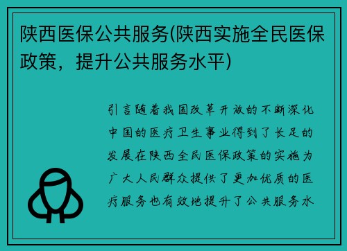 陕西医保公共服务(陕西实施全民医保政策，提升公共服务水平)